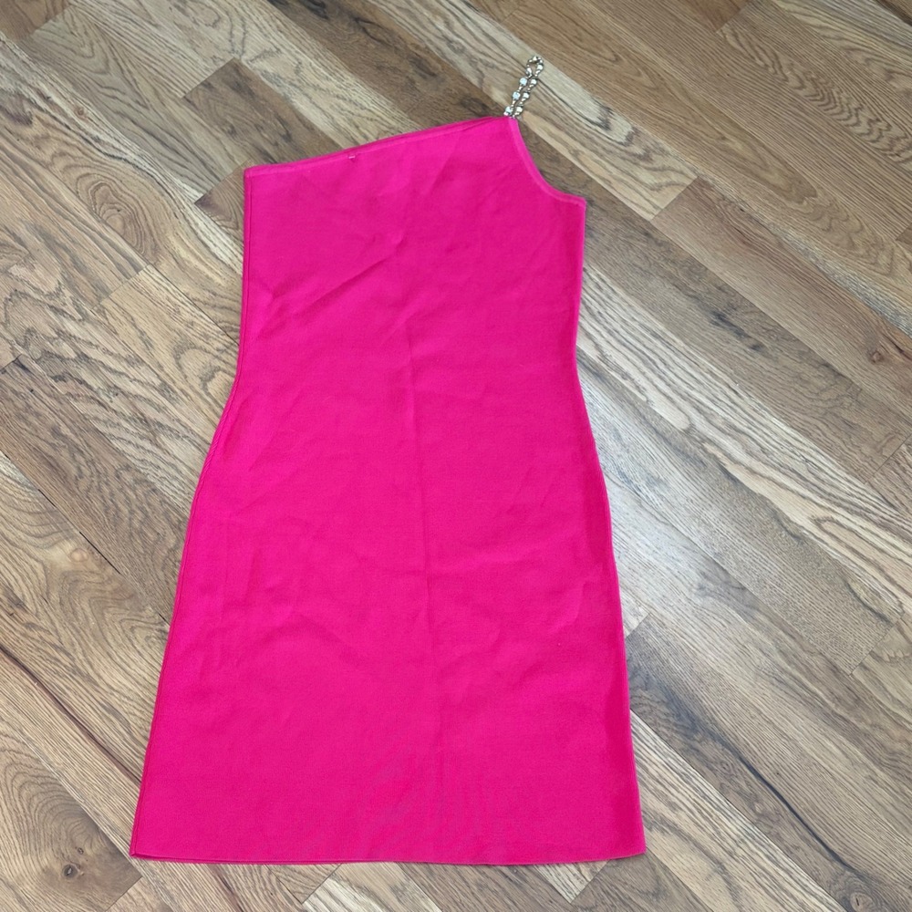 House of Harlow 1960 Hot Pink One Shoulder Rhinestone Chain Strap Mini Dress S - Picture 2 of 4